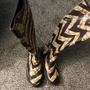 Coach Brown and Tan Signature Pattern Knee Boots